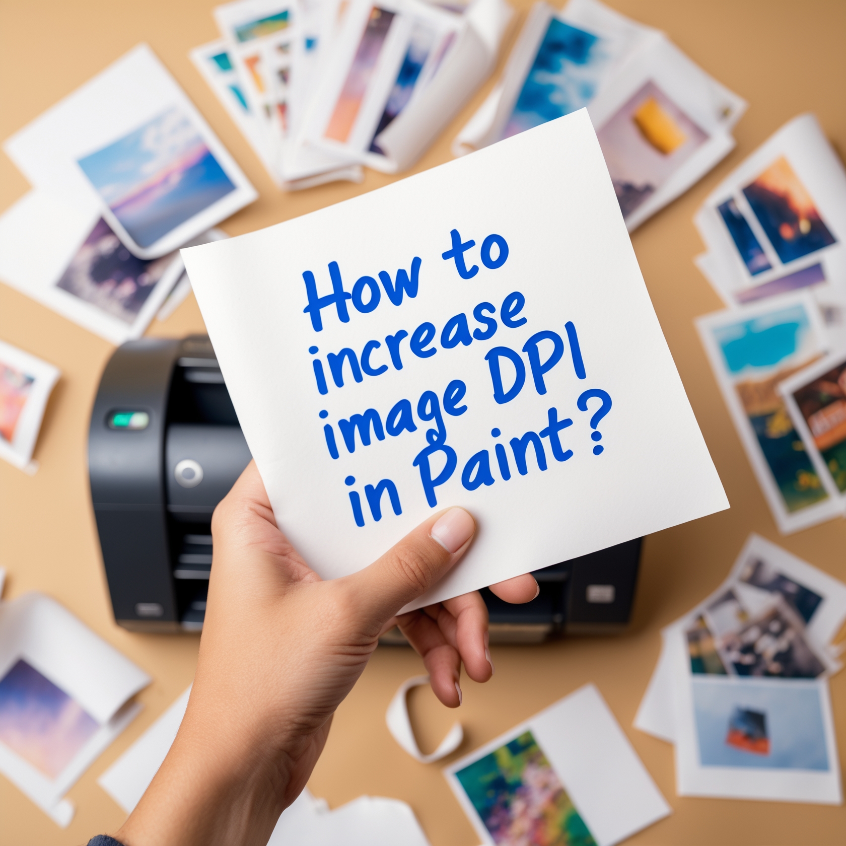 A hand holding a printed paper with a question "How to increase the DPI of image in Paint"