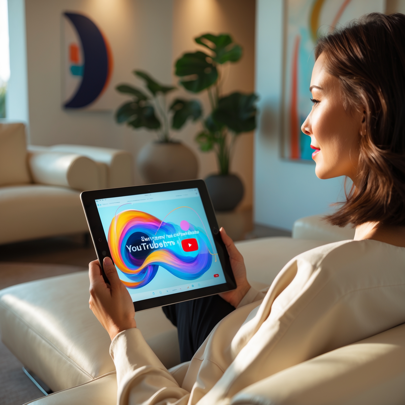 Side-angle view of a person holding an iPad in a modern living room, streaming to understand How to make Faceless YouTube Videos with AI.