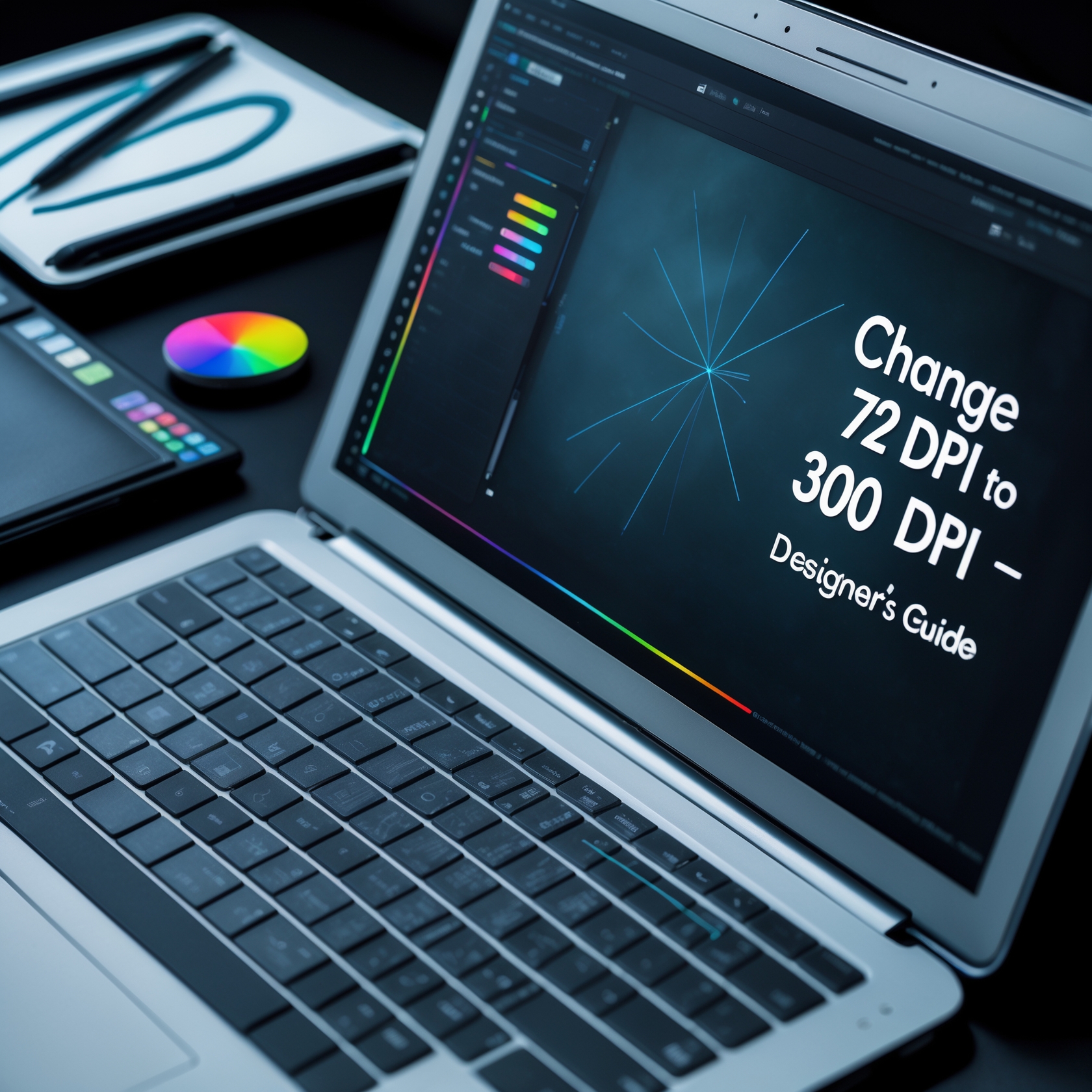 A modern, sleek smart tab is showing a slide with the title "How to change 72 dpi to 300 dpi"