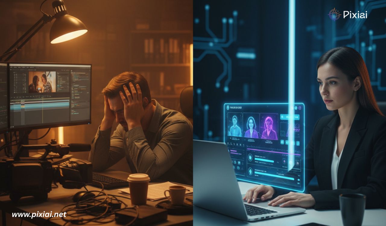 Fig-1 From chaos to clarity. AI transforms weeks of traditional video editing into polished, avatar-driven content in minutes. (1)